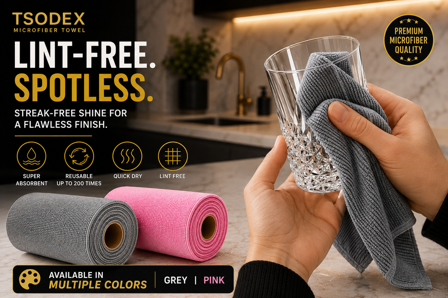 TSODEX Microfiber Kitchen Cleaning Cloth Roll (20+1) Reusable Towels |Ultra Absorbent & Lint-Free Cleaning |Eco-Friendly