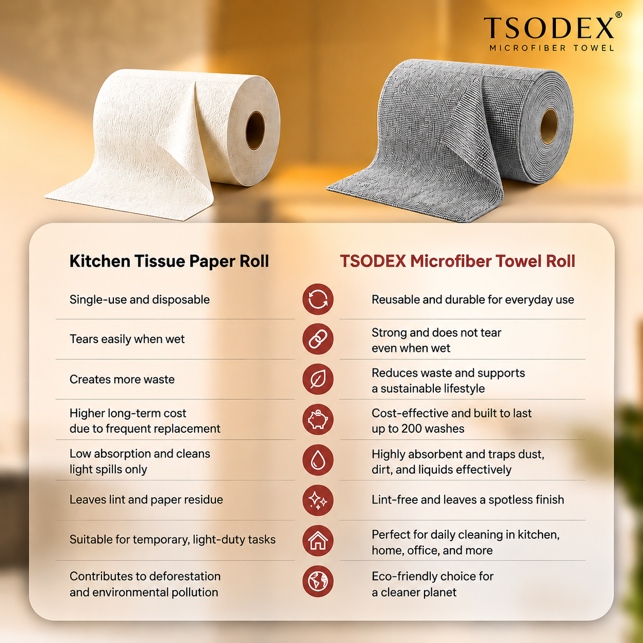 TSODEX Microfiber Kitchen Cleaning Cloth Roll (20+1) Reusable Towels |Ultra Absorbent & Lint-Free Cleaning |Eco-Friendly